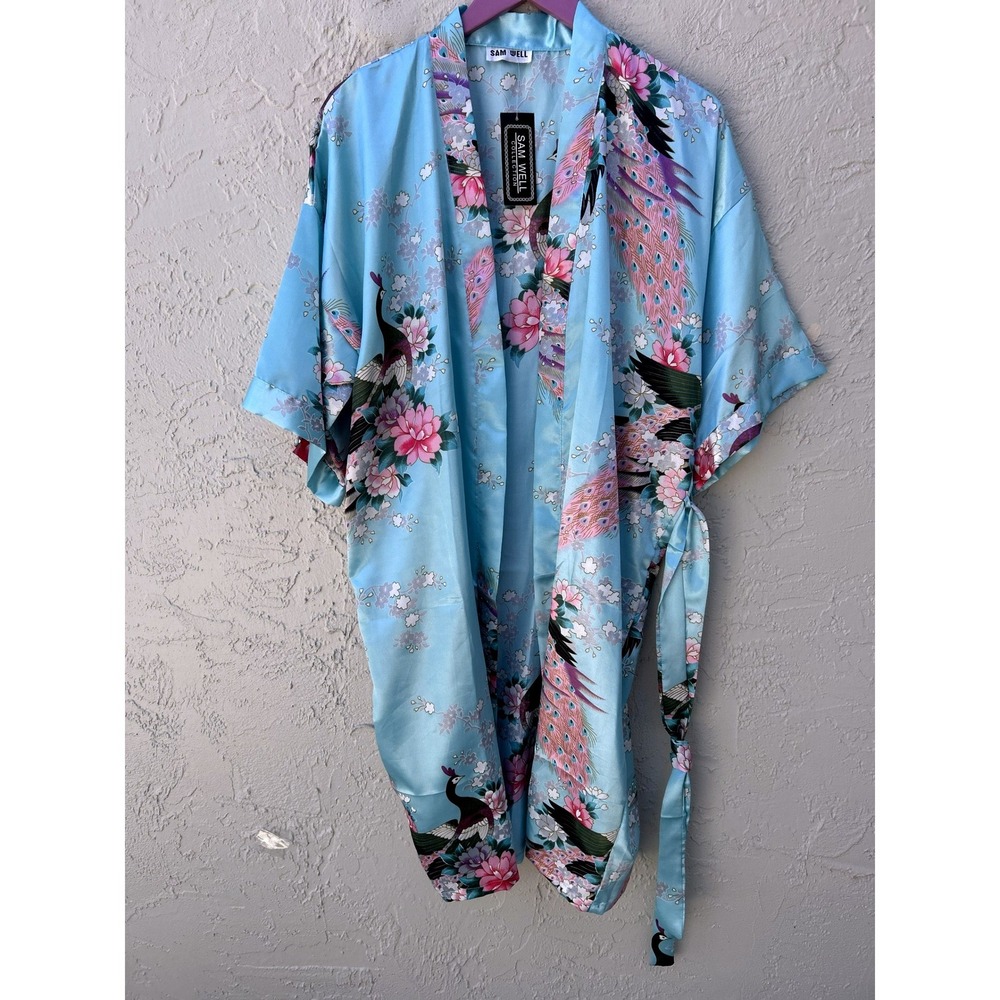 Sam Well Collection Blue Peacock Floral Satin Kimono Robe One Size NWT